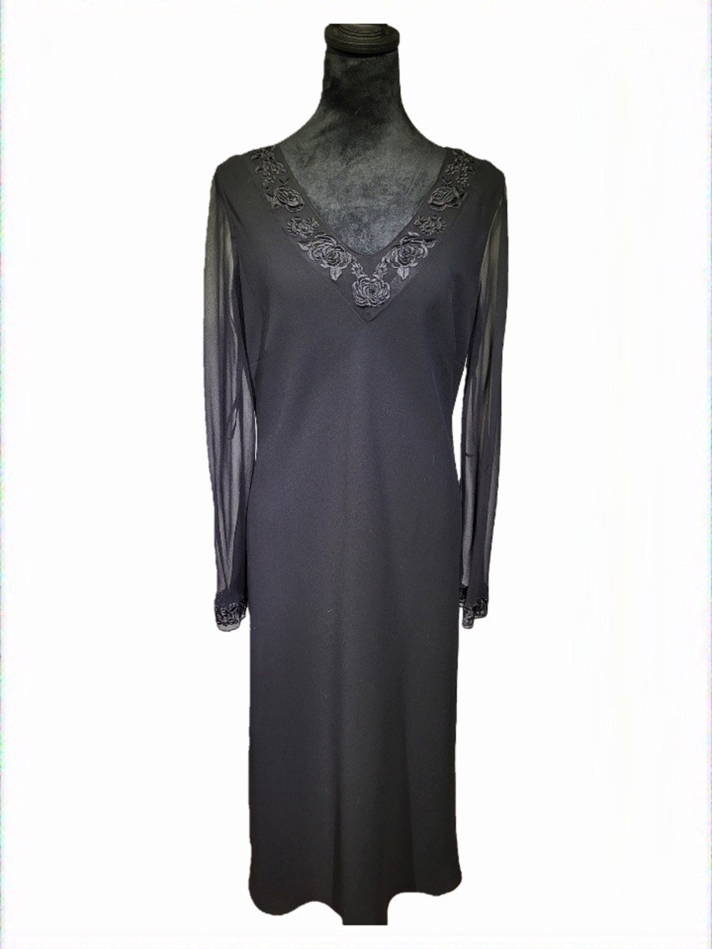 Jones New York Black V-Neck Long Sleeve Silk Embroidered Dress